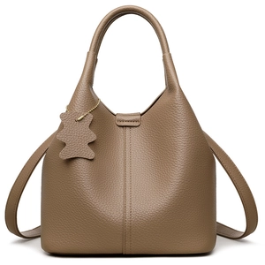 Bucket Bag Women Litchi Grain PU Leather Large Capacity Shoulder Crossbody Handbag Bear Charm Retro Commuter