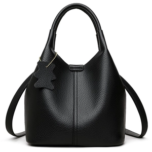 Black litchi grain leather bucket bag with top handle and cute bear charm pendant