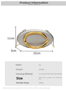 Detailed size chart for evening bag showing 22x11x3cm dimensions and PU material info