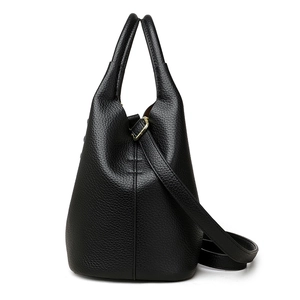 French style black lychee grain bucket bag with top handle and gold hardware