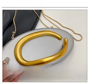 Macro view of silver oval evening clutch featuring a bold gold C-shaped metal hardware