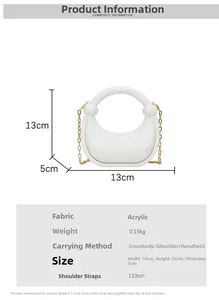 Detailed specs of white acrylic crescent bag with golden chain and round handle
