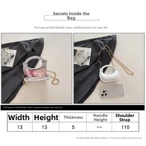 Size chart for white crescent bag showing 13cm dimensions and detachable chain strap