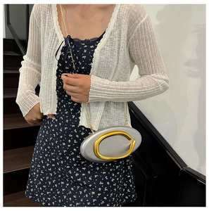 Silver oval hardshell evening bag with golden C-buckle and chain shoulder strap