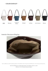 Close-up of woven bucket bag details showing magnetic closure and interior zipper pocket