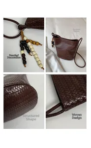 Detailed views of brown woven texture bucket bag with tri-color wooden bead pendant charm