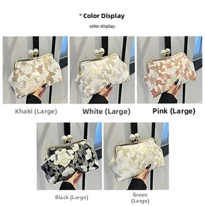 Sacs brodés grand format avec fermoir perle en kaki, blanc, rose, noir et vert