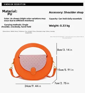 Detailed dimensions of orange semi-circle PU handbag with purple woven texture lid