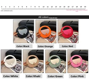 Detail of round PU leather crossbody bags showing woven texture and metal buckles in seven colors
