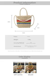 Detail view of rainbow straw bucket bag with dimensions 22x19x8cm and pearl handle