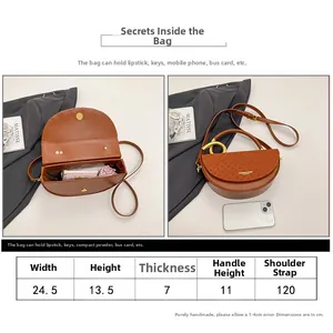 Size chart for brown leather saddle bag showing dimensions for width height and strap
