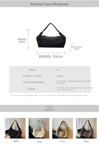 Size chart for large solid color shoulder bag with detailed dimensions and specs