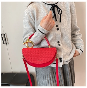 Detail of red crescent saddle bag with woven lid and circular gold metal handle