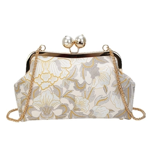 Sac de soirée brodé vintage avec motifs de pivoines jaunes et fermoir en perles dorées