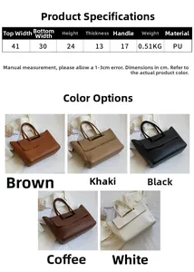 Size chart showing large capacity PU leather tote bag dimensions and color options
