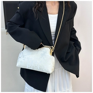 Detail of cream lace floral embroidery shell bag with gold clasp and chain strap