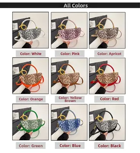 Collage of chic leopard print handbag in nine vibrant colors with golden ring handles