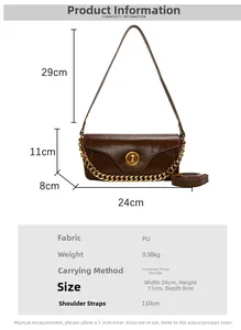 Detailed view of brown PU bag with gold chain strap, twist lock, and size dimensions