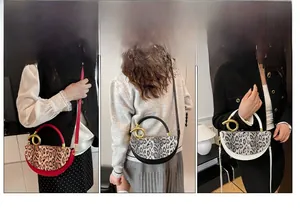 Three-way split view of stylish leopard print box bags in red, black, and white colors