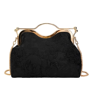 Elegant black shell handbag with rose embroidery and vintage gold metal handle