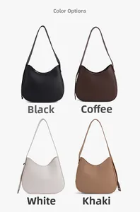 Minimalist crescent shoulder bags shown in black, coffee, white, and khaki colors