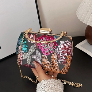 Embroidered sequin floral evening shell bag with gold handle and chain strap