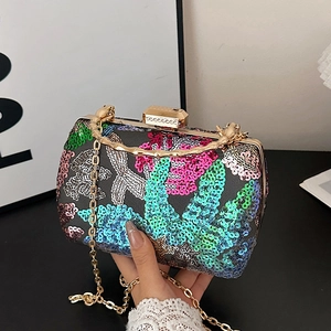 Elegant shell evening clutch with colorful sequins and gold chain strap for women