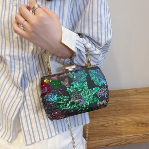 Elegant floral sequin evening clutch bag with gold chain strap and metal handle