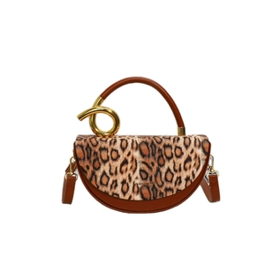 Fashion leopard print saddle handbag with brown faux leather and artistic gold knot handle
