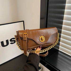 Retro dark brown square shoulder bag with gold twist lock and chain strap for women
