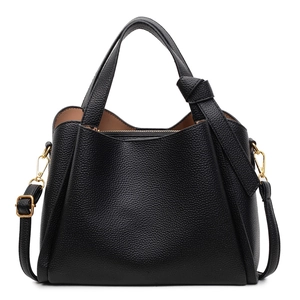 Borsa a mano classica in pelle nera motivo litchi con hardware dorato e manico annodato