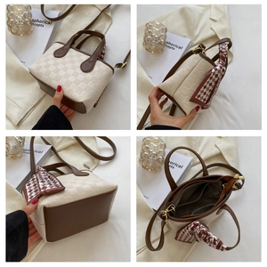 Detailed views of beige checkered handbag with brown leather straps and silk scarf accessory