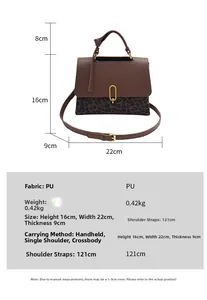 Detailed size chart for retro leopard print PU leather handbag with gold buckle