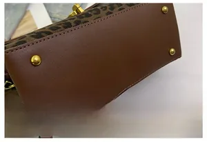 Close-up of leopard print handbag base with four golden protective metal feet