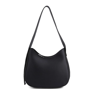 Minimalist black leather hobo shoulder bag with a smooth curved strap and silver zipper