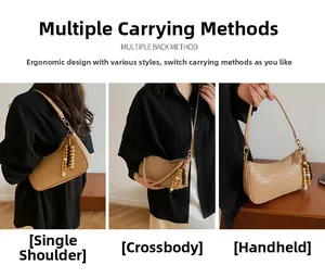 Three-way carry bag detail showing shoulder, crossbody, and handheld styles in crocodile texture