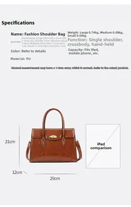 Detailed dimension chart for dark brown vintage tote bag with iPad size comparison