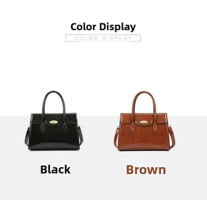Detail view of black and brown leather tote bags with elegant gold twist-lock closures