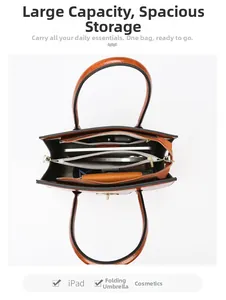 Interior view of brown leather tote showing multi-layer storage for iPad and essentials