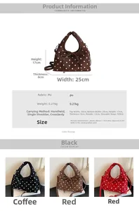 Tableau des tailles et vue multicouleur des sacs à pois avec nœud en noir marron rouge