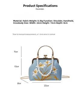 Detailed size specifications of blue vintage floral embroidered handbag with dimensions
