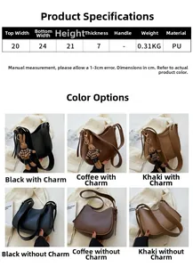 Detailed size specifications and color comparison of women's leather underarm bucket bag