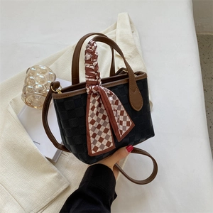 Vintage checkered mini crossbody handbag with brown leather handles and silk scarf detail