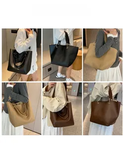 Sac fourre-tout en cuir en trois couleurs présenté dans plusieurs scènes de mode quotidienne