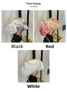 Detailed views of French style embroidered evening bags in black, red, and white fabrics