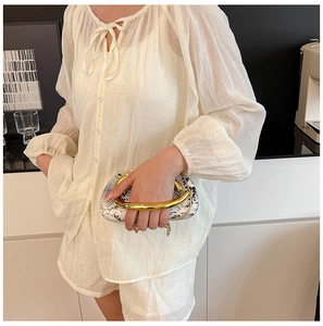 Detailed view of snakeskin pattern clutch bag with elegant golden circular metal handle