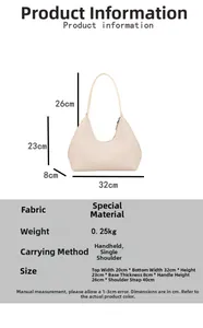 Size chart for beige textured shoulder bag with detailed dimensions and specifications