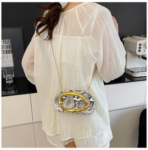 Detail of snake skin crossbody bag with bold gold metal ring and elegant chain strap