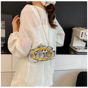 Detail showing snakeskin pattern crossbody bag with a large gold metal buckle and chain