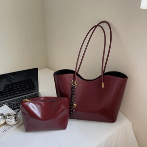 Vintage burgundy tote bag set with matching pouch and stylish golden ring charm